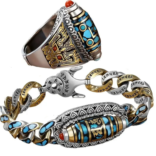 Bague & Bracelet Dzi à Neuf Yeux avec Mantra à Six Syllabes.